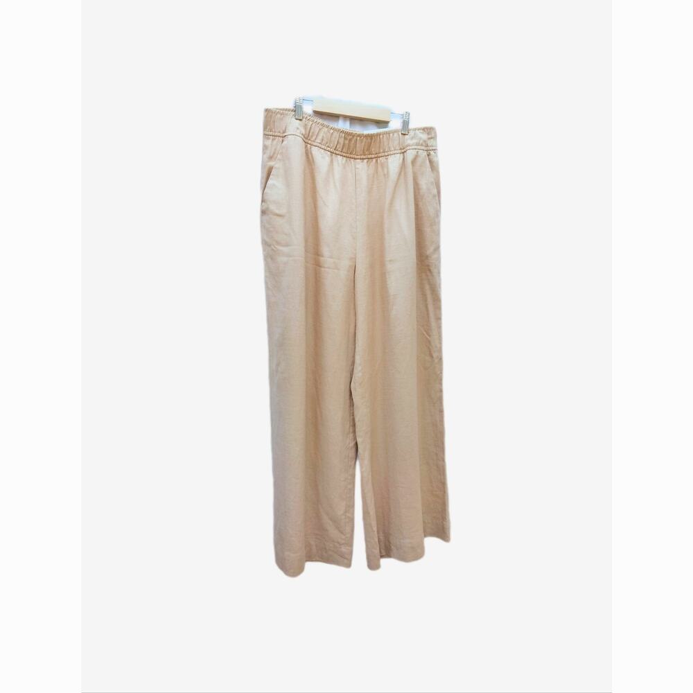 Womens Linen Blend Pants Size L Tan High Waisted Wide Leg Flare Elastic Pull On